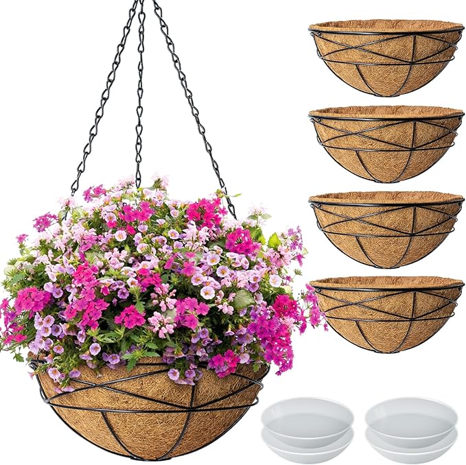 4 Pack 10 Inch Hanging Planters Metal Wire Flower Baskets with Natural Coconut Liners for Outdoor Plants Round Plant Holder Planter for Garden Decor