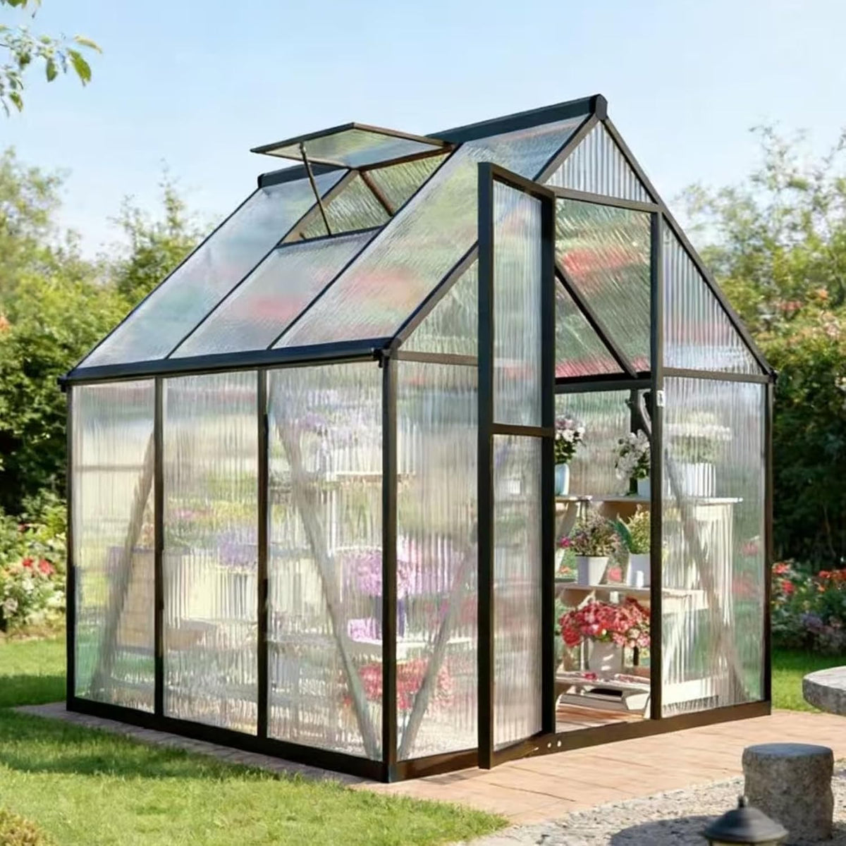 6x6ft outdoor polycarbonate greenhouse with roof vent, dark, main product view