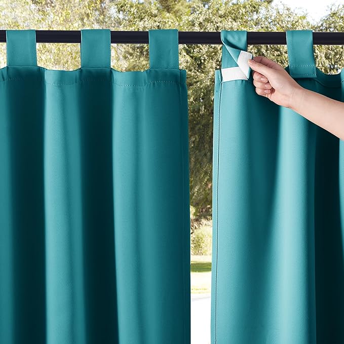 NICETOWN 2 Panels Peacock Teal Patio Curtainss Outdoor Waterproof with Self-Adhesive Tab Top, Thermal Insulated Heat & Cold Blocking Outdoor Curtainss for Easy Hanging & Sliding, W52 x L95