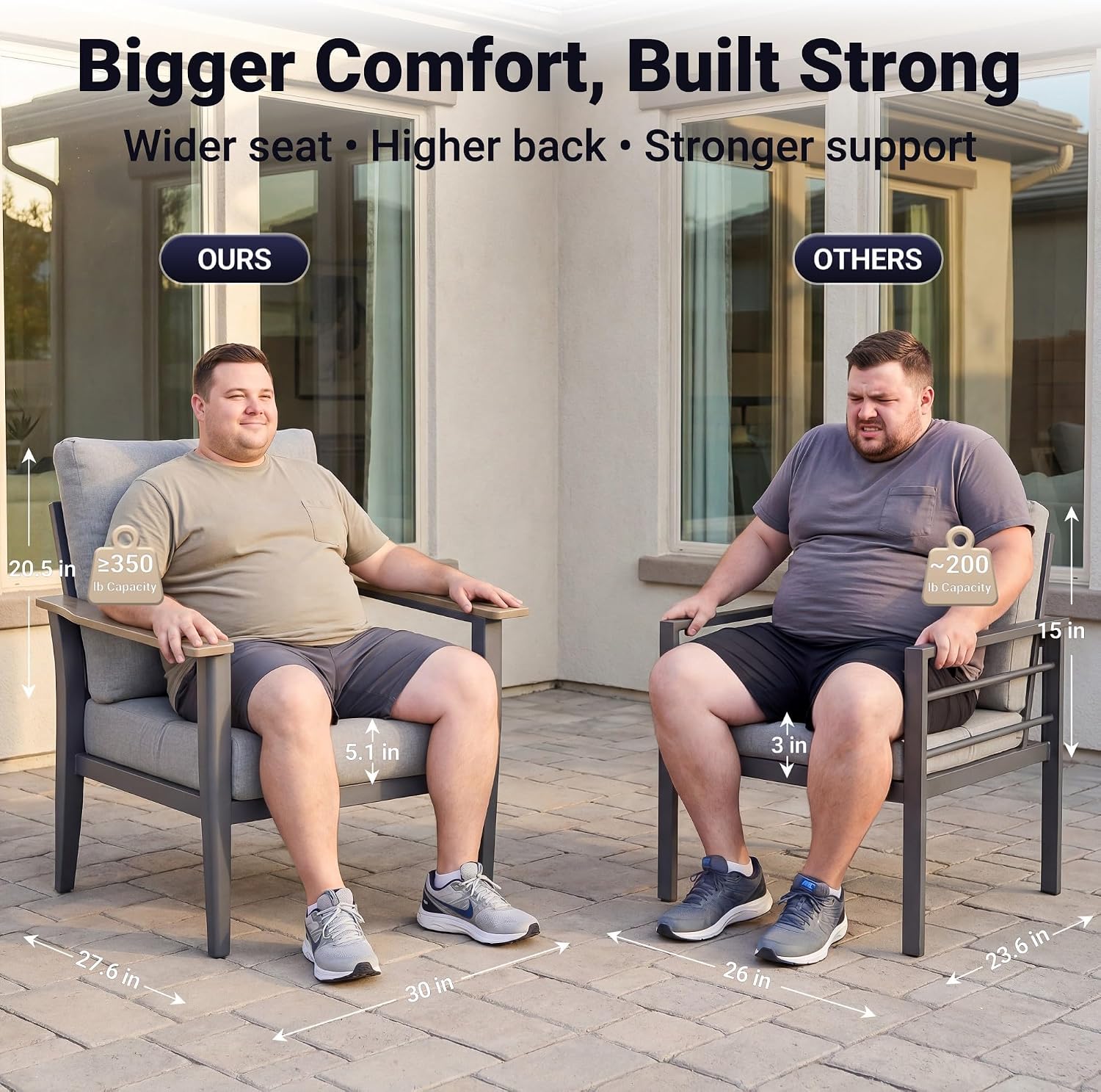 Aluminum Outdoor Patio Chair Set with 5.1-Inch Thick Cushions | 2-Piece: 2 Wood-Look Armrest Club Chairs for Porch, Deck & Balcony, Gray