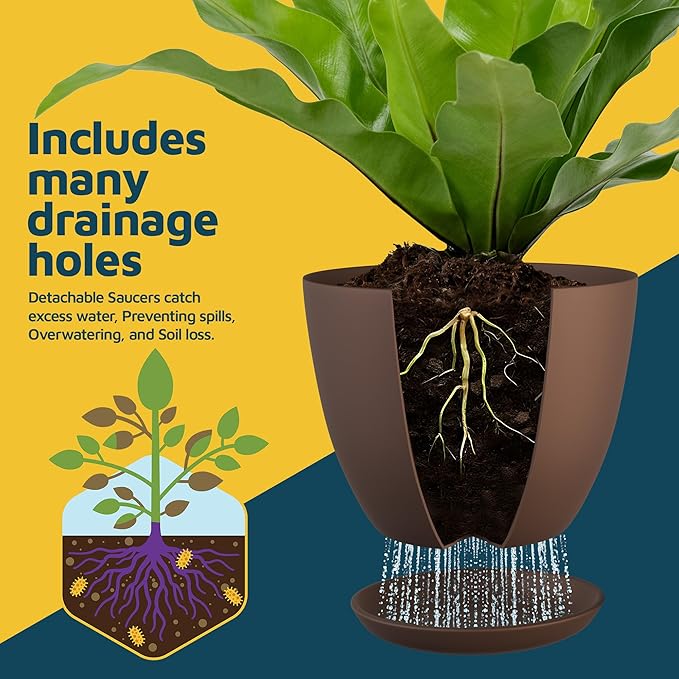Planter Pots with Drainage Holes - Lightweight, Durable & Space-Saving Pots for Indoor and Outdoor - Versatile Functionality, Simple Modern Design, Set of 10 Plastic Planter Pots - Brown