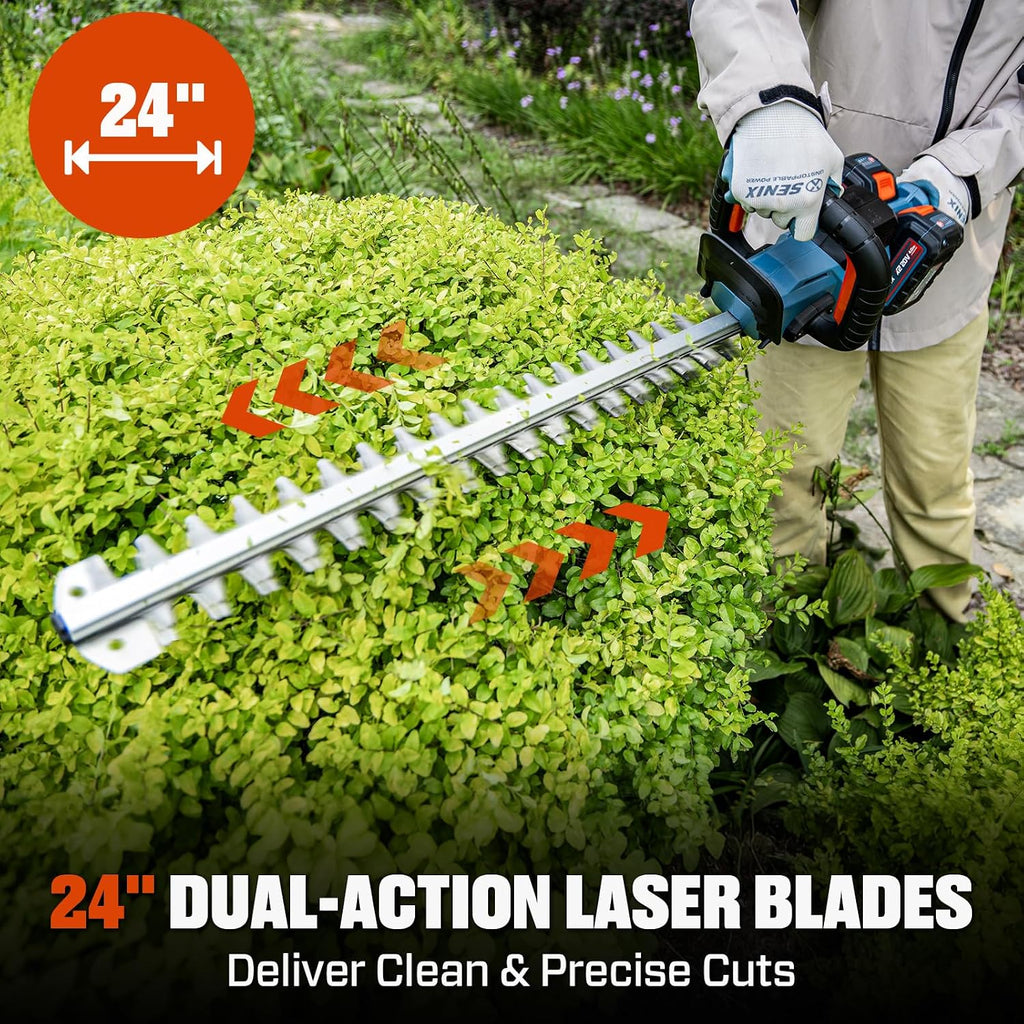 SENIX 40V 24-Inch Cordless Hedge Trimmer, 1-Inch Cut, Grey | Includes 2 Batteries & Dual-Port Charger, Dual-Action Blades, Lightweight, Ideal for Yard Landscaping