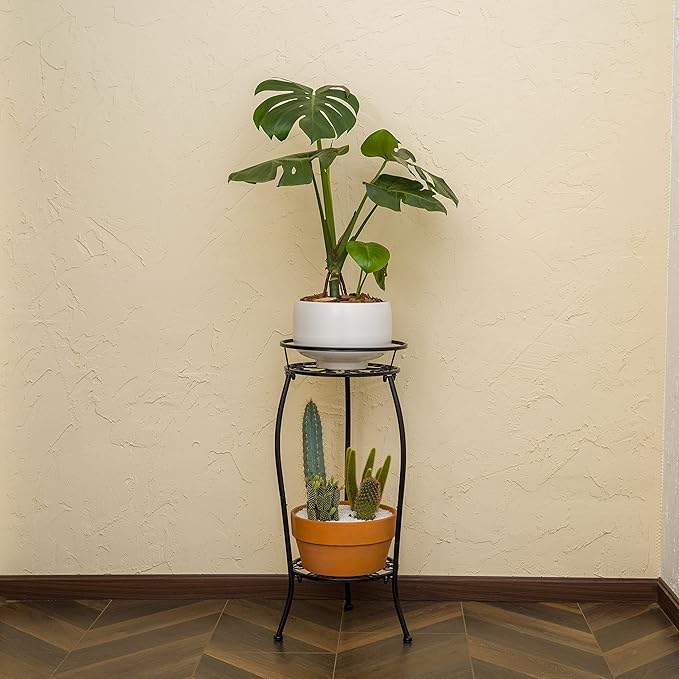 FaithLand 2 Pack Metal Plant Stands, Tall Planter Holder Indoor Outdoor, 2 Tier Round Potted Supports Rack, Corner Display Shelf Black