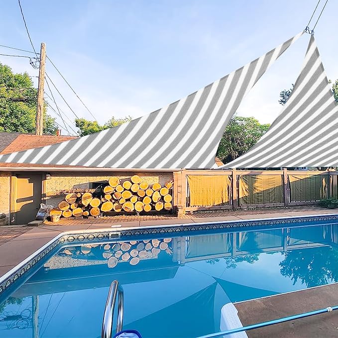 E&K Sunrise 21' x 21' x 21' Sun Shade Sail Triangle Canopy Shade Cover UV Block for Patio Backyard Garden Outdoor (Gray White Strip)