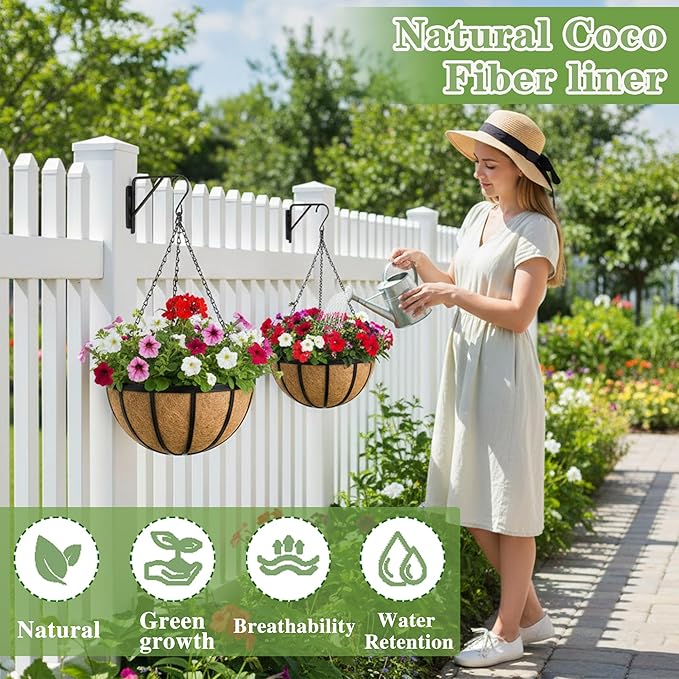 Black Flat Iron Metal Hanging Planter Basket with Coco Coir Liner(2 Pack, 12 Inch) Hanging Planters for Outdoor Plants Round Plant Flower Pots Hanging Flower Basket for Outdoor Patio Garden Decoration