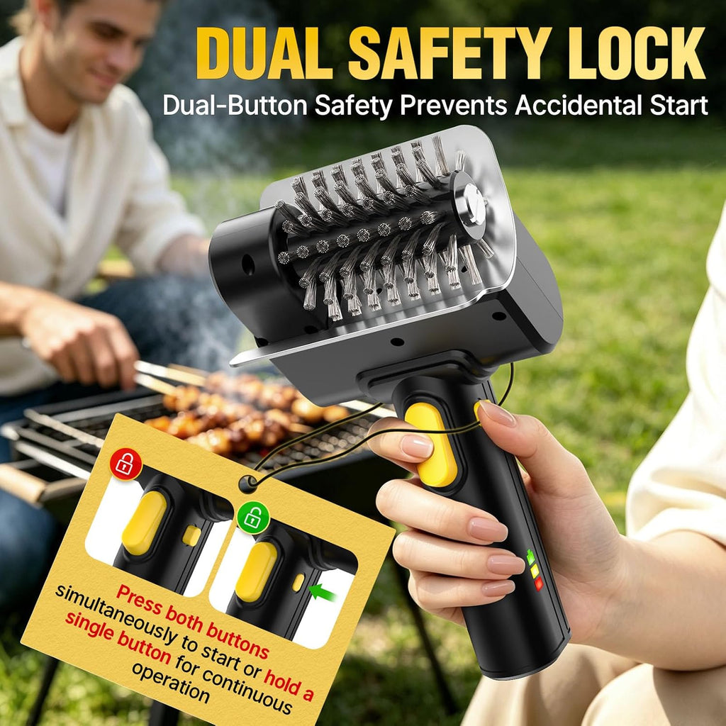 Electric Grill Brush, 2026 Upgraded Cordless BBQ Grill Cleaner | 1100 RPM, 2600mAh Rechargeable, Dual Safety Lock, Splash-Proof Guard, Detachable Stainless Head for Gas Charcoal Cast Iron Grills