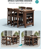 SERWALL 8-Piece HDPE Counter Height Dining Table Sets with Storage and Wine Rack, 2 Rectangular Bar Table with Bar Stools Set of 6 for Garden, Backyard, Kitchen, Brown
