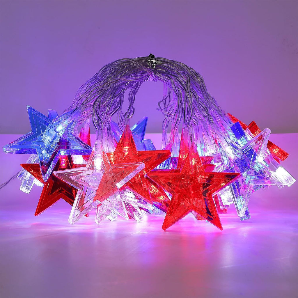 July 4th Red Blue and White Star Lights, 40LED 19FT Patriotic String Lights with Stars Battery Operated, 8 Lighting Modes & Timer, Waterproof Outdoor Independence Day Memorial Day Holiday Party Decor