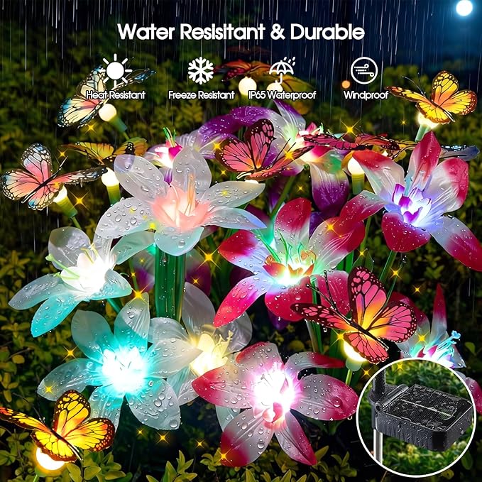 Garpar Solar Lights Outdoor Decorative, Upgraded 4 Pack Flowers with 16 Color Changing Lilies and 12 Butterflies, Brighter Waterproof Garden Decor for Yard Lawn Pathway, Gift for Mom Women Grandma