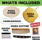 Large Pizza Stone for Oven 16 inch - Round Pizza Stone for Grill with Handles, Wood Pizza Peel and Cutter Set - Baking Stone for Bread - Pizza Making Kit Accessories - Gifts for Food Lovers
