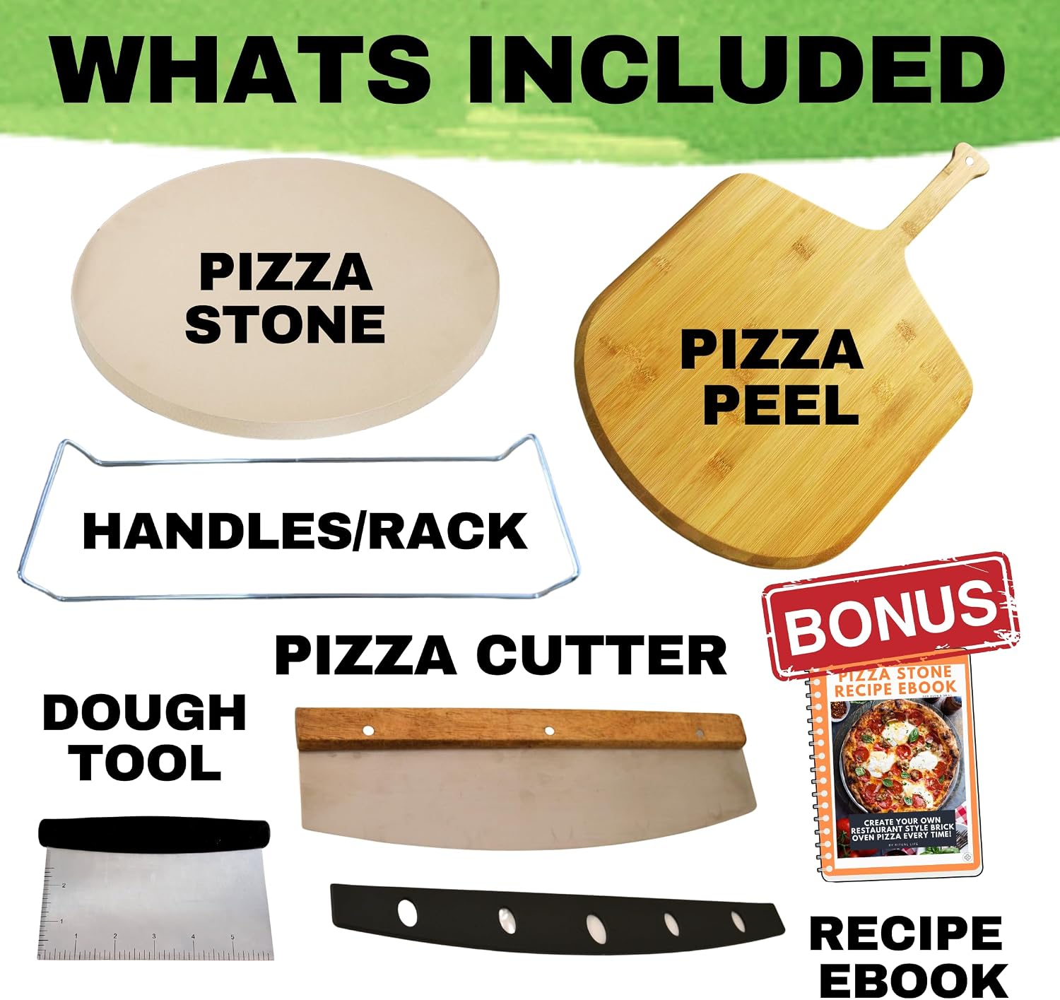 Large Pizza Stone for Oven 16 inch - Round Pizza Stone for Grill with Handles, Wood Pizza Peel and Cutter Set - Baking Stone for Bread - Pizza Making Kit Accessories - Gifts for Food Lovers