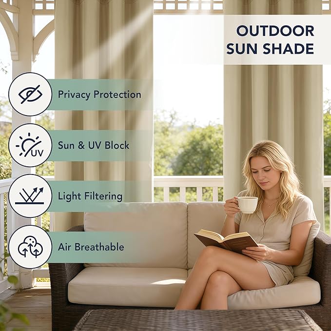 Outdoor Curtains for Patio Waterproof - 6 Panels Privacy Weatherproof Outside Curtains with Grommets for Pergola, Gazebo, Porch, Cabana, Balcony, 54 x 108 Inch, Cream