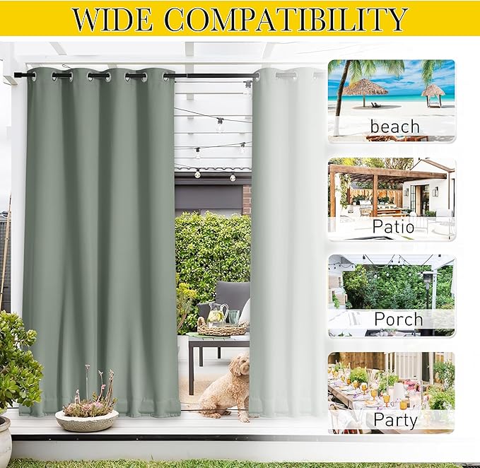 NICETOWN 2 Panels Weighted Blackout Outdoor Curtains Patio Waterproof, Thermal Insulated Top & Bottom Grommet & Back Tab Wind-Break Drapes Privacy for Pergola with Rope, W52 x L95, Sage Green