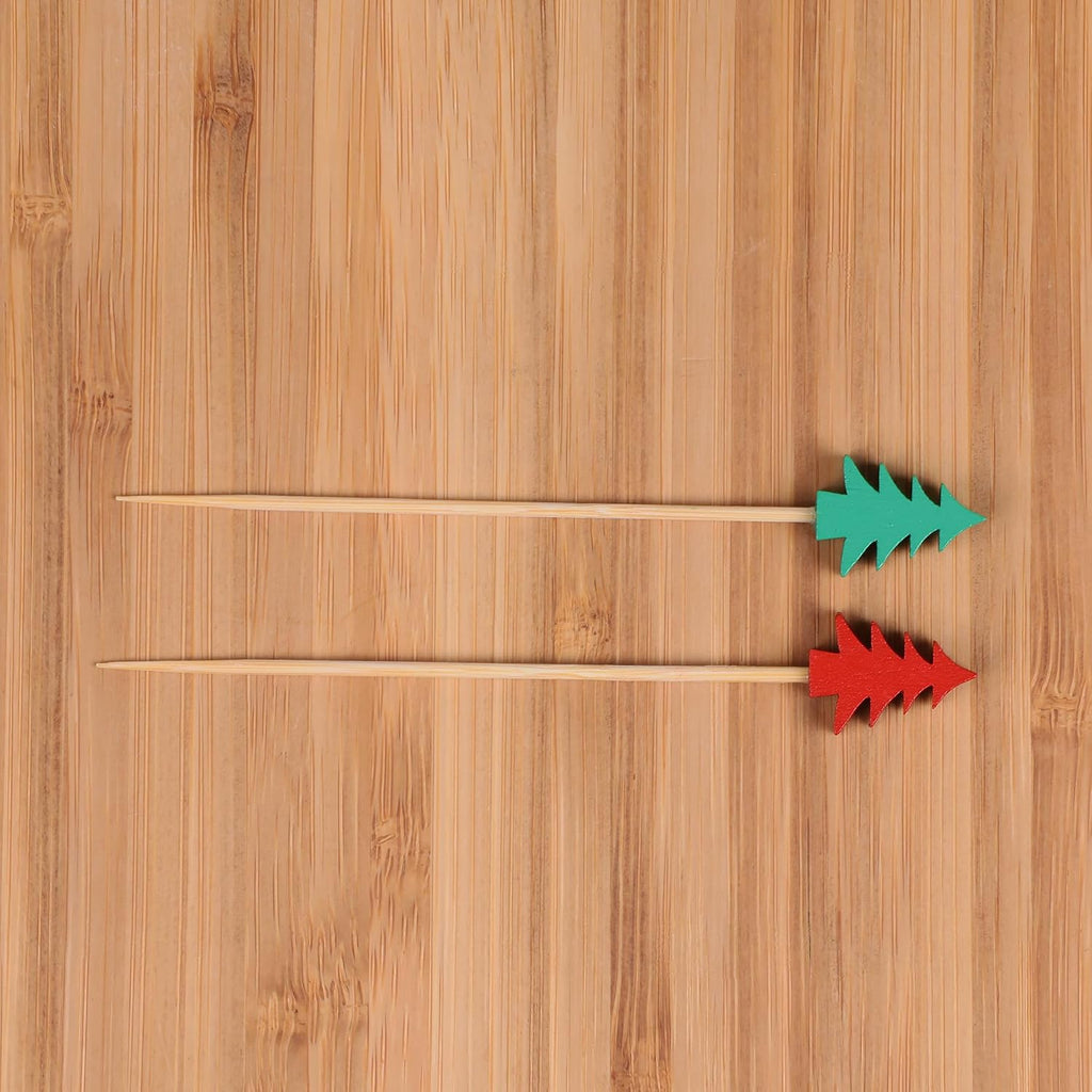BambooMN Holiday Bamboo Evergreen Tree Cocktail Appetizer Sandwich Skewer Picks - 3.9" (10cm) - Red & Green - 100 Pieces