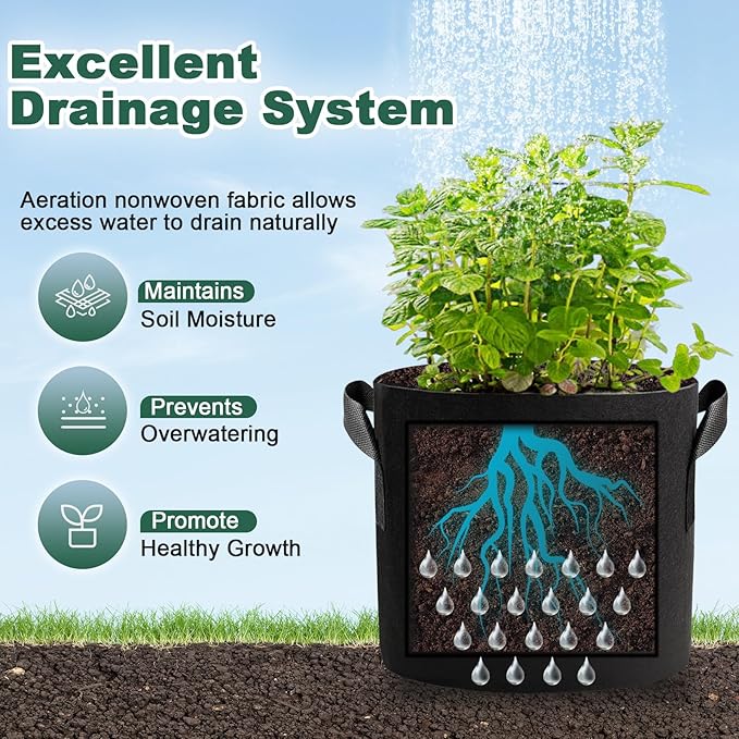 5 Pack 10 Gallon Thickened Grow Bags, Aeration Nonwoven Fabric Planting Bags with Handles, Heavy Duty 300G Garden Planter Pot for Tomato, Potato, Strawberry, Vegetable, Fruits and Flowers