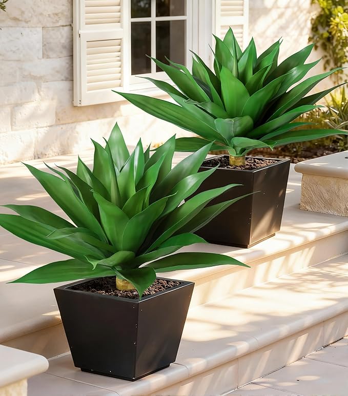 Ivydale Fake Plants 18 Inch Agave Artificial Plants Outdoor 2 PCS for Outside Decoration, Faux Greenery UV Resistant Artificial Outdoor Plants for Front Door Porch Planter Urn Patio Garden Yard(Green)