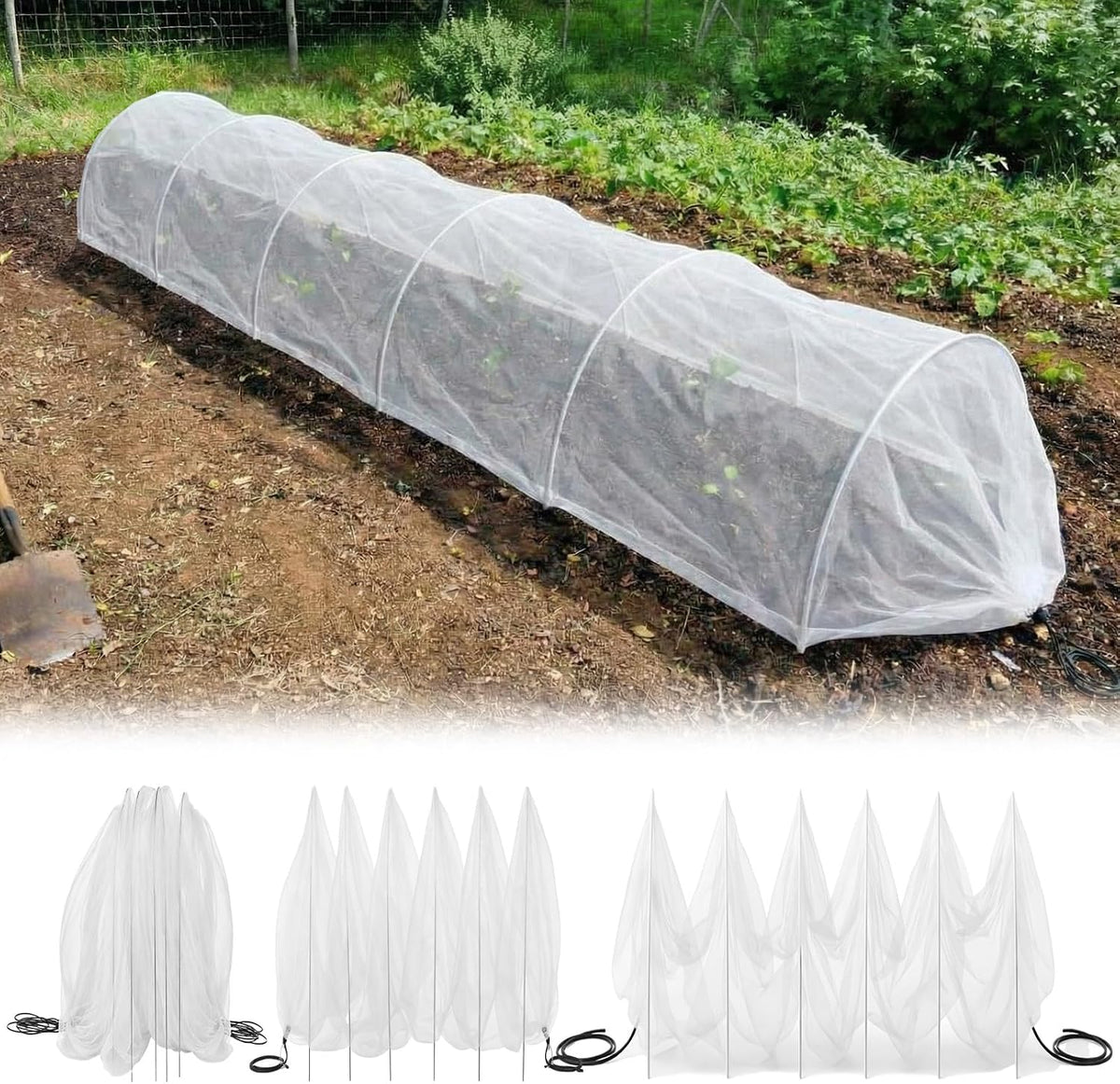 18 x 118 inch mesh garden greenhouse tunnel, front angle view