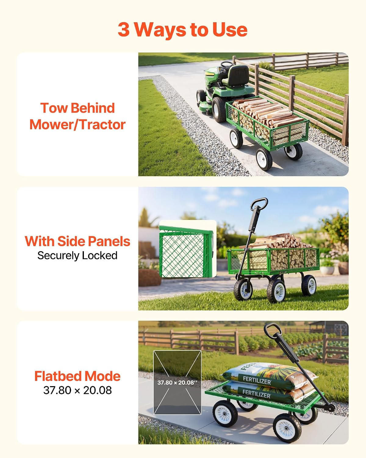 vevor 900 lbs steel garden cart, 2 in showing dimensions