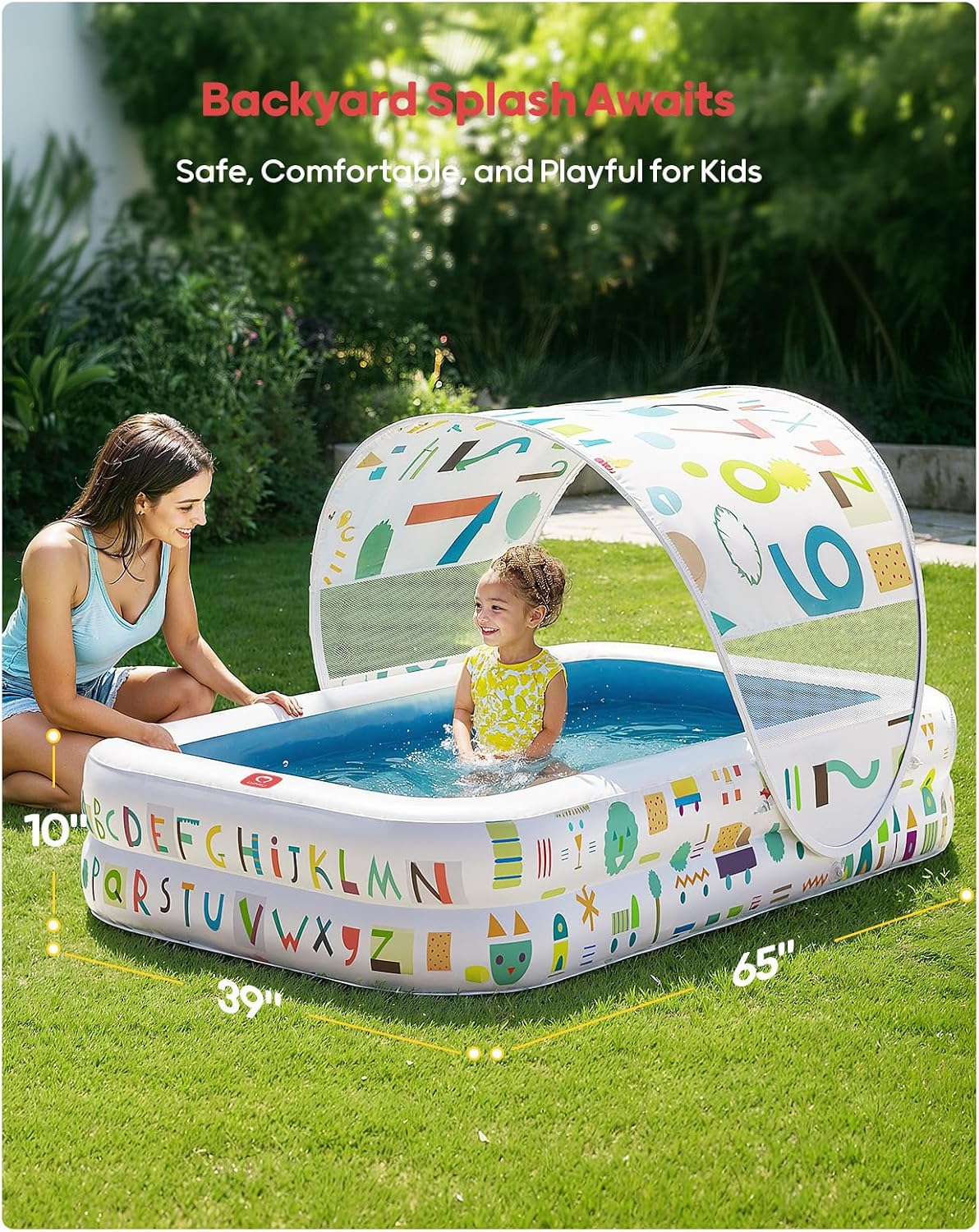 QPAU Baby Pool with Canopy, Inflatable Design, 65 x 39 in, Blue | Inflatable Design with Soft Cushioned Floor, Converts to a Ball Pit for Kids and Toddlers, for Indoor and Backyard Play