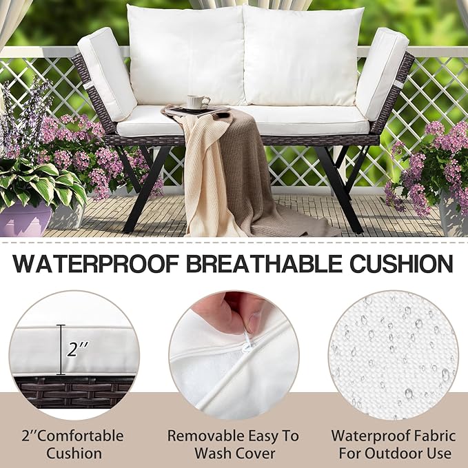 Outvita Outdoor Convertible Couch Sofa Bed, Woven Rattan Patio Furniture Daybed w/Adjustable Armrests, Removable Cushions and Pillows for Porch Pool Balcony