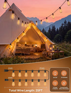 25FT LED Outdoor String Lights, ST38 Patio Lights Waterproof with 25 Shatterproof Edison Bulbs, Connectable Outside Hanging Light for Porch, Garden, Backyard, Deck, Balcony, Decor, 2700K Warm White