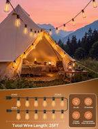 25FT LED Outdoor String Lights, ST38 Patio Lights Waterproof with 25 Shatterproof Edison Bulbs, Connectable Outside Hanging Light for Porch, Garden, Backyard, Deck, Balcony, Decor, 2700K Warm White
