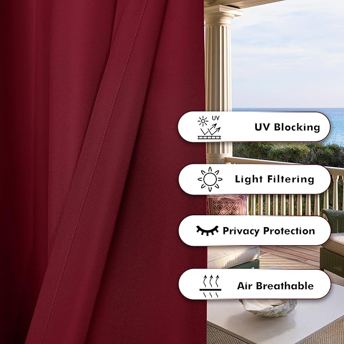 BONZER Outdoor Curtains for Patio Waterproof Thick Privacy Grommet Light Filtering Outside Curtains for Porch Pergola Gazebo Deck, 1 Panel, 84W x 108L inch, Red