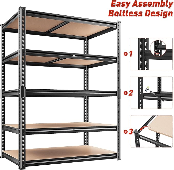 REIBII 2400LBS Storage Shelves 5 Tier Garage Shelving Heavy Duty, Adjustable Metal Shelving Unit, Garage Shelves for Basement, Warehouse, Pantry, Closet, Kitchen 72" H x 35.55" W x 16" D, Black
