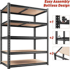 REIBII 2400LBS Storage Shelves 5 Tier Garage Shelving Heavy Duty, Adjustable Metal Shelving Unit, Garage Shelves for Basement, Warehouse, Pantry, Closet, Kitchen 72" H x 35.55" W x 16" D, Black