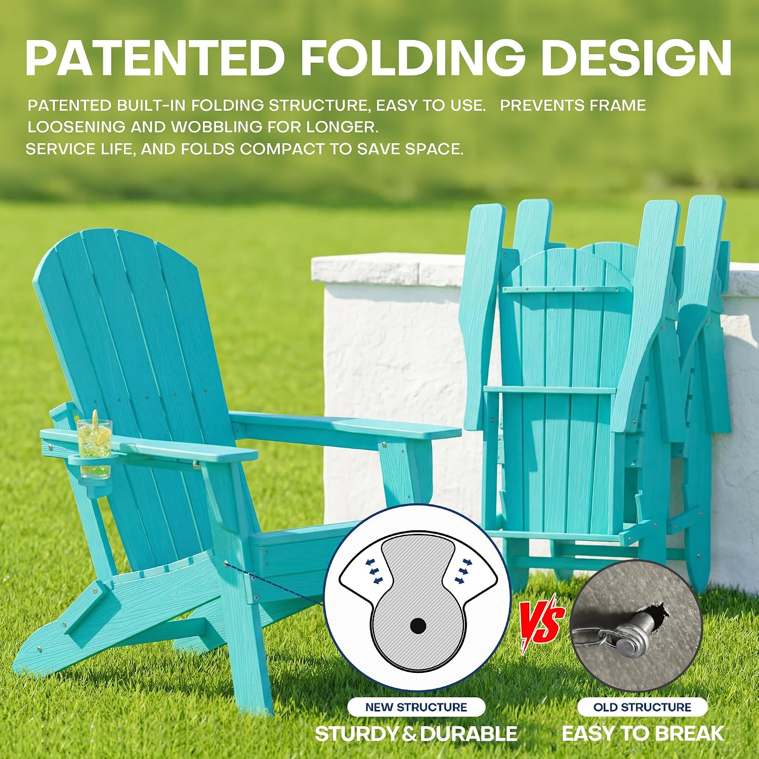 HDPE 3-Piece Folding Adirondack Chair Set, Aruba Blue | 38" Extra Tall Back & Embossed Wood Grain, Oversized HDPE Patio Furniture with Side Table & Cup Holders, All Weather