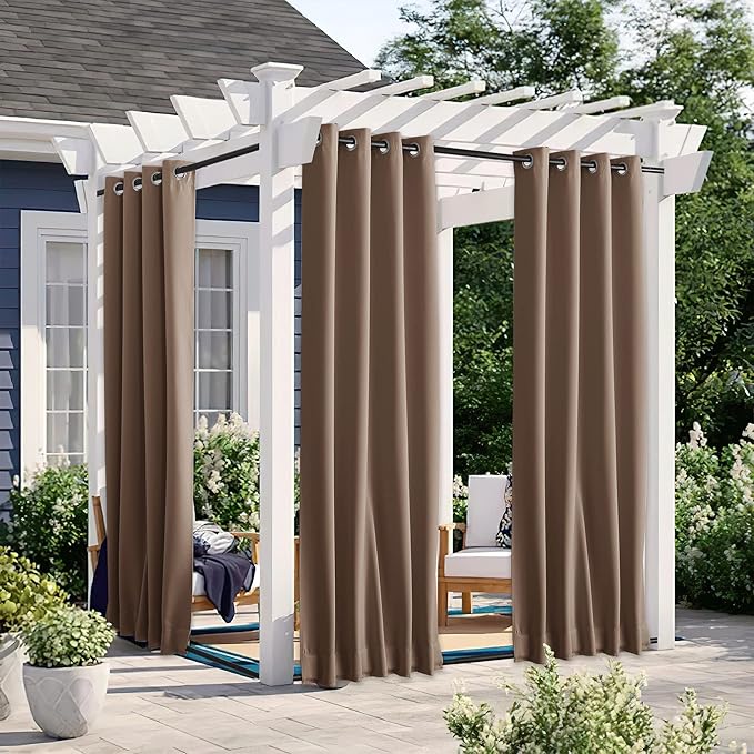 NICETOWN 2 Panels Blackout Waterproof Patio Outdoor Curtains, Top & Bottom Grommet & Back Tab Windproof Hot & Cold Block Drapes Privacy for Pergola with Fixed Ropes, W46 x L63, Tan-Khaki
