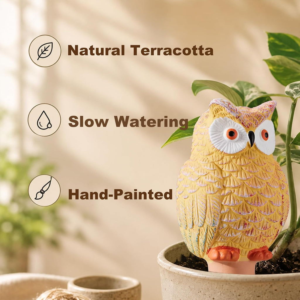 Yeswhat Self Watering Plant Spikes 4 Pack, Terracotta Owl Automatic Plant Waterer for Indoor Outdoor Plants, Slow Release Watering Stakes, Vacation Watering Devices for Potted Plants Garden Decor