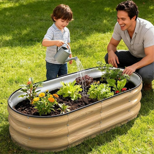 4x2x1FT Galvanized Raised Garden Beds,Raised Garden Bed with Safety Edging and Gloves,Oval Metal Planter Box for Gardening Vegetables Flowers Herb-Natural Oak