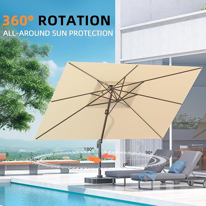 9' X 12' Cantilever Outdoor Patio Umbrellas with Base Included, Large Rectangle Umbrella Heavy Duty 360°Rotation Offset Umbrella for Garden Deck Pool Patio,Beige
