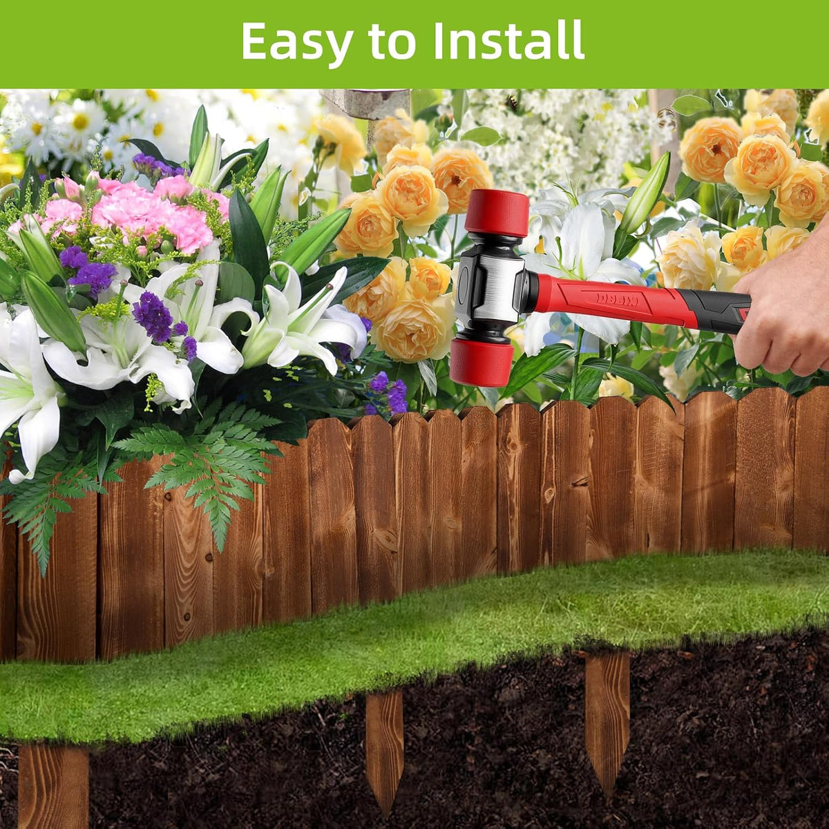 linshry wood garden edging fence, flower bed edging showing dimensions