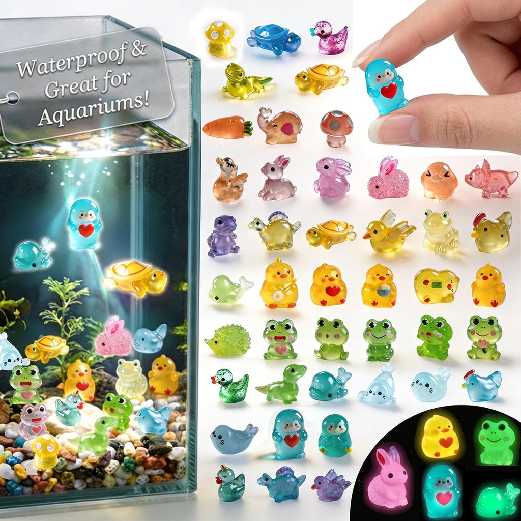 35Assorted Mini Resin Animals: 100Pcs Luminous Resin Figurines Variety Pack - Glow in the Dark Plastic Little Ducks Hedgehog Frog Rabbit Dinosaur for Fairy Garden Aquarium Fish Tank Décor