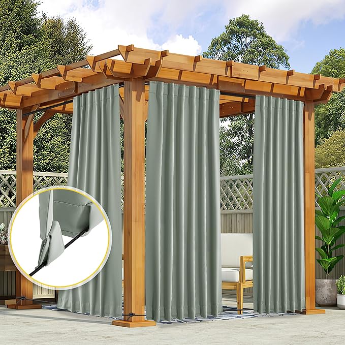 NICETOWN 2 Panels Weighted Outdoor Curtains for Patio Waterproof Pocket & Back Tab Top & Bottom, Windproof Privacy Thermal Curtains Light/Cold Block for Pergola with Rope, W52 x L84, Sage Green