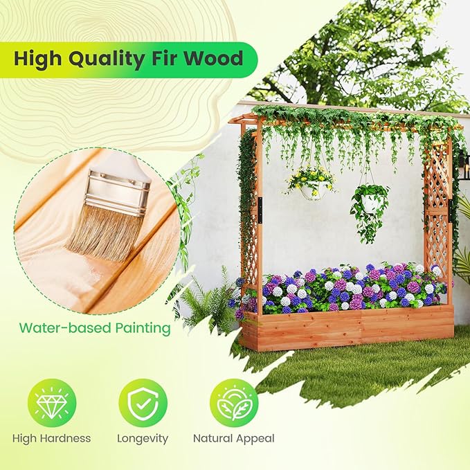 Giantex Set of 2 Raised Garden Bed with Trellis & Hanging Roof, Wood Planter Box with Bottom and Drainage Holes, Freestanding Garden Planter for Flower Vegetable Fruit Herb Climbing Vines, 77"x17"x72"