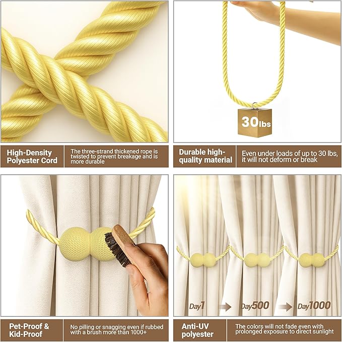 Hion Magnetic Curtain Tiebacks Golden 4 Pack, Curtain Tiebacks Buckles Holdbacks Holders Hooks Clip for Home Bedroom Office Decorative Thick or Thin Curtain