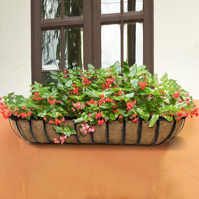 2 Pack 30 Inch Window Deck Railing Planter Boxes with Coconut Liner, Large Hanging Window Flower Boxes Metal Railing Planter for Balcony Fence Porch (2, 30 Inch)