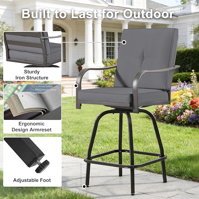 Patio Swivel Bar Stools Set of 6, Outdoor Bar Height Swivel Chairs with Cushions for Garden Balcony Backyard, Grey