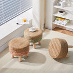 Wimarsbon Round Foot Stool Natural Seagrass Poufs Ottoman Hand Weave Footrest Stool for Couch Desk Extra Seat Step Stool with Solid Wood Legs for Hallway Patio Lounge Green