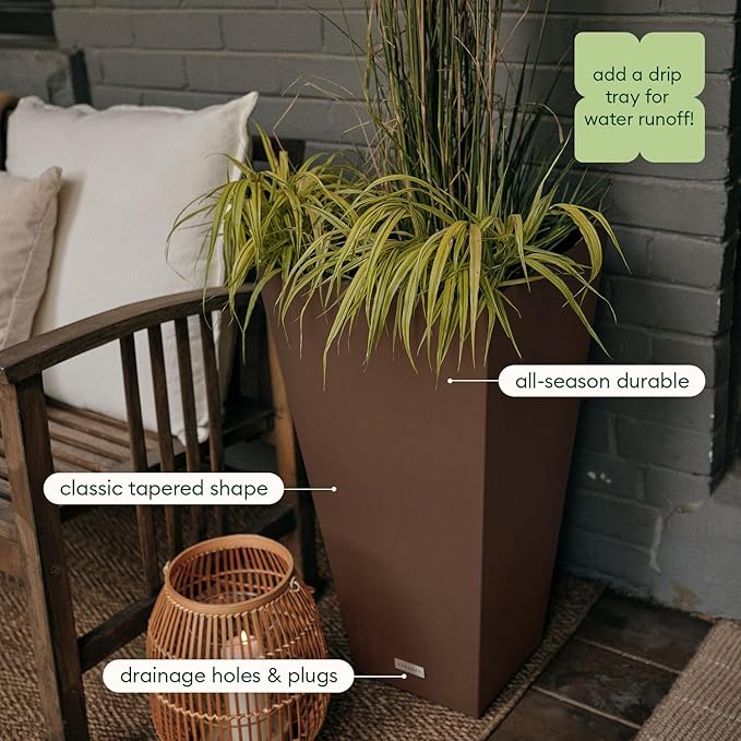 Veradek V-Resin Indoor/Outdoor Taper Planter (Espresso, 26 inch - 2 Pack with 2 Saucer Trays)