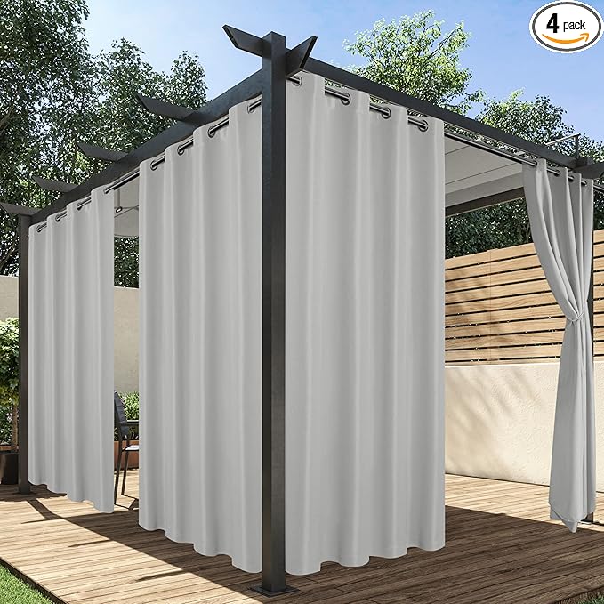 HolidayIdeas Outdoor Curtains for Patio Waterproof, 4 Panels - 54 x 108 Inch - Privacy Protection & Light Filtering Curtains Silver Grommet Outside Curtains for Porch, Gazebo, Pergola, Backyard
