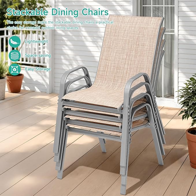 Patio Chairs Sset of 4, Easily Set Up Stackable Outdoor Dining Chairs with High Back and Wide Seat, All Weather Breathable Outdoor Chairs Set of 4 with Metal Frame for Backyard Deck Pool, Beige