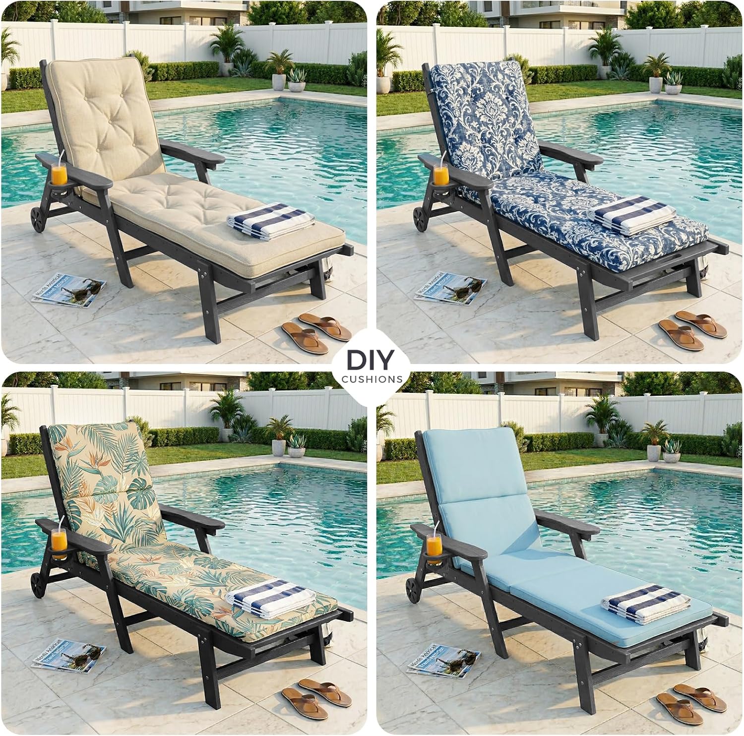 HDPE Pool Lounge Chairs Set of 2 with Wheels & Cup Holder, 6-Position Adjustable Outdoor Lounge Chair, Easy 20-Min Assembly, 450LBS Bearing, Patio Lounger for Poolside, Deck, Backyard (Grey)