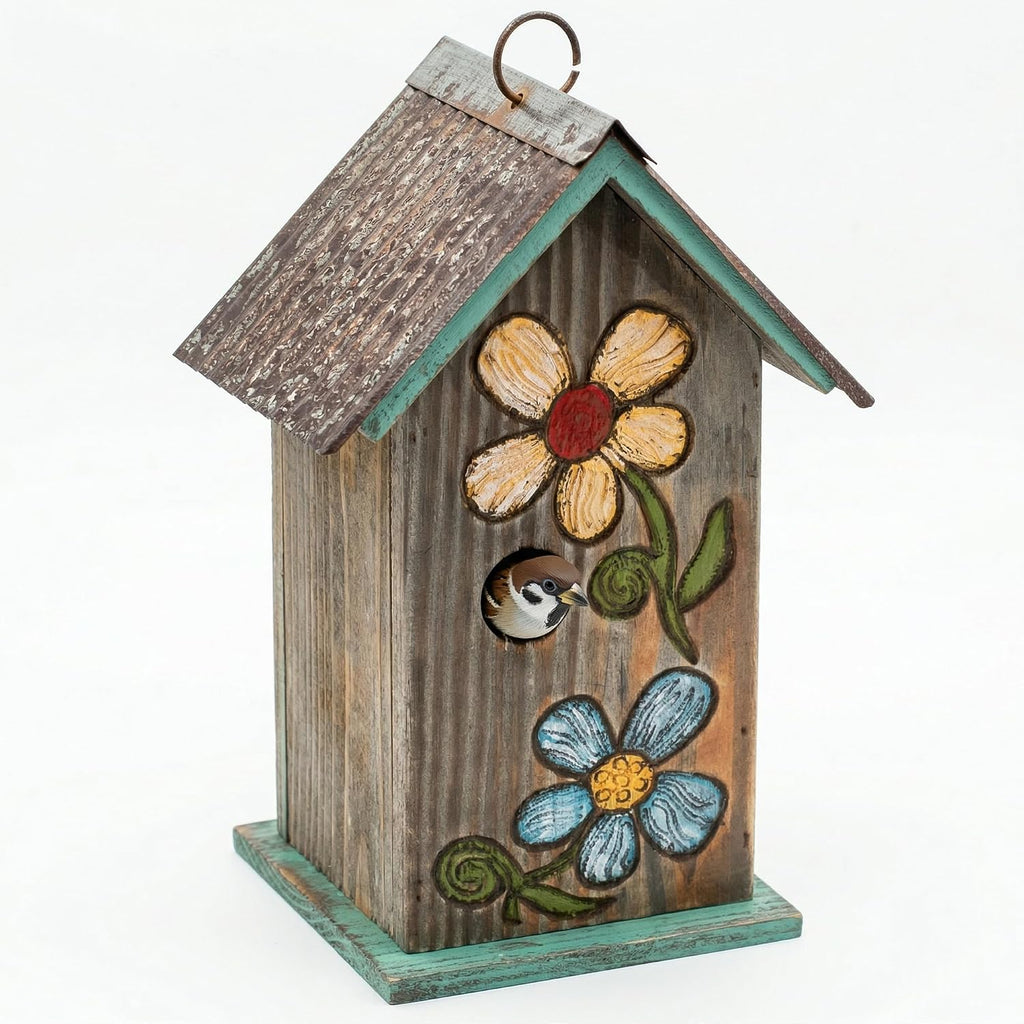 Topadorn Hanging Bird House for Outside, 11" Hand-Painted Wooden Birdhouse | Floral Design, Rustic Outdoor Bird House for Bluebird, Finch, Cardinal & Wren, Garden Patio Yard Decor