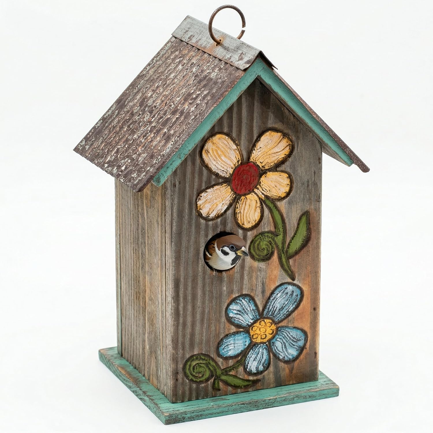 Topadorn Hanging Bird House for Outside, 11" Hand-Painted Wooden Birdhouse | Floral Design, Rustic Outdoor Bird House for Bluebird, Finch, Cardinal & Wren, Garden Patio Yard Decor