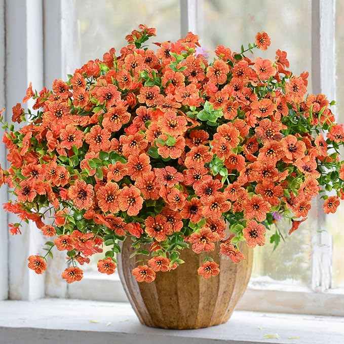 Artificial Flowers for Outdoor, UV Resistant Fake Silk Flowers, Realistic Faux Plants for Outside Indoor Porch Patio Window Box Planter Home Decor (16, Orange)