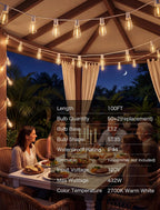 100FT Outdoor LED String Lights, White String Lights with 50 Shatterproof ST35 LED Vintage Edison Bulbs, Waterproof Hanging Patio Lights for Outside Backyard Garden